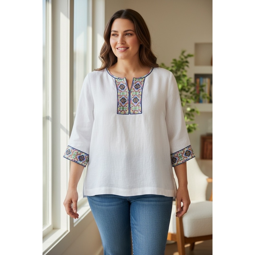 John Mark Womens Size XL White Linen Embroidered Tunic NWT